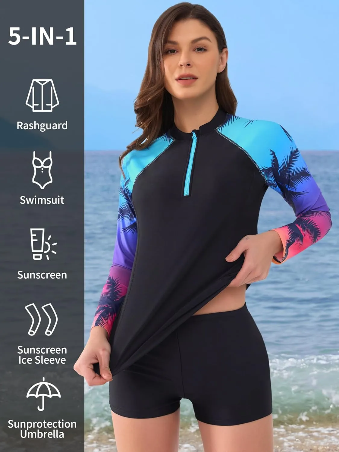 ATTRACO Women's Two Piece Rash Guard UPF 50  Long Sleeve Bathing Suit Built-in Bra Zipper Front Swim Shirts