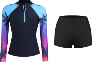 ATTRACO Women's Two Piece Rash Guard UPF 50  Long Sleeve Bathing Suit Built-in Bra Zipper Front Swim Shirts