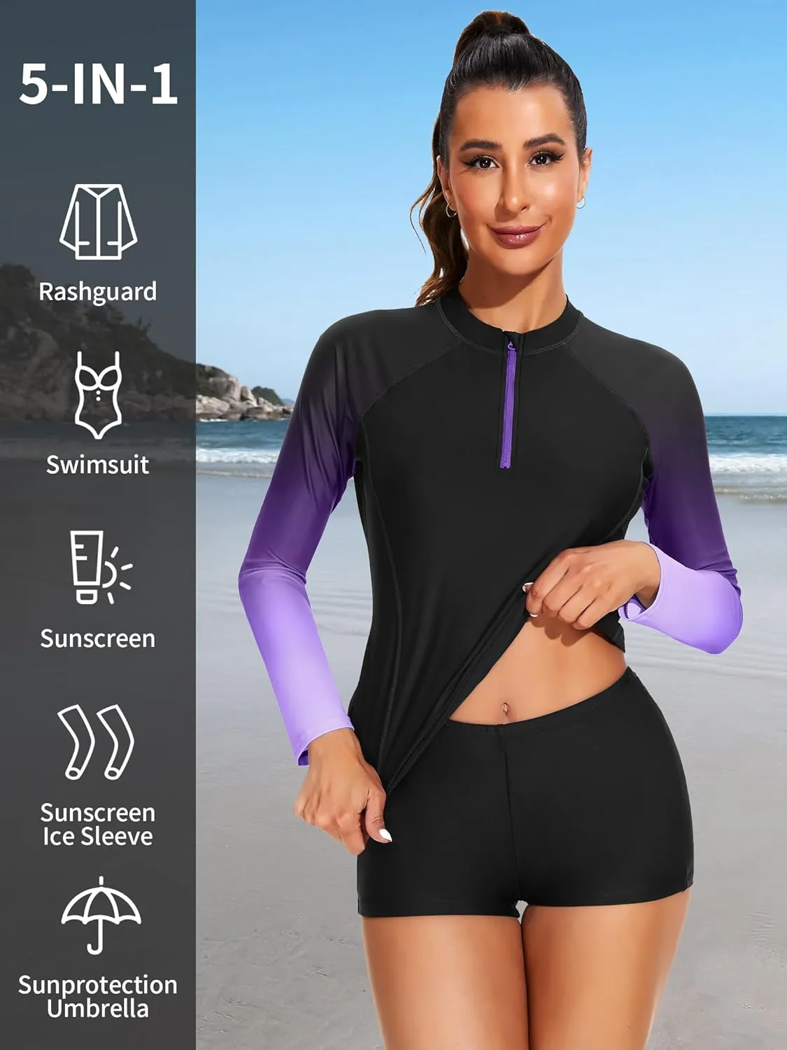 ATTRACO Women's Two Piece Rash Guard UPF 50  Long Sleeve Bathing Suit Built-in Bra Zipper Front Swim Shirts