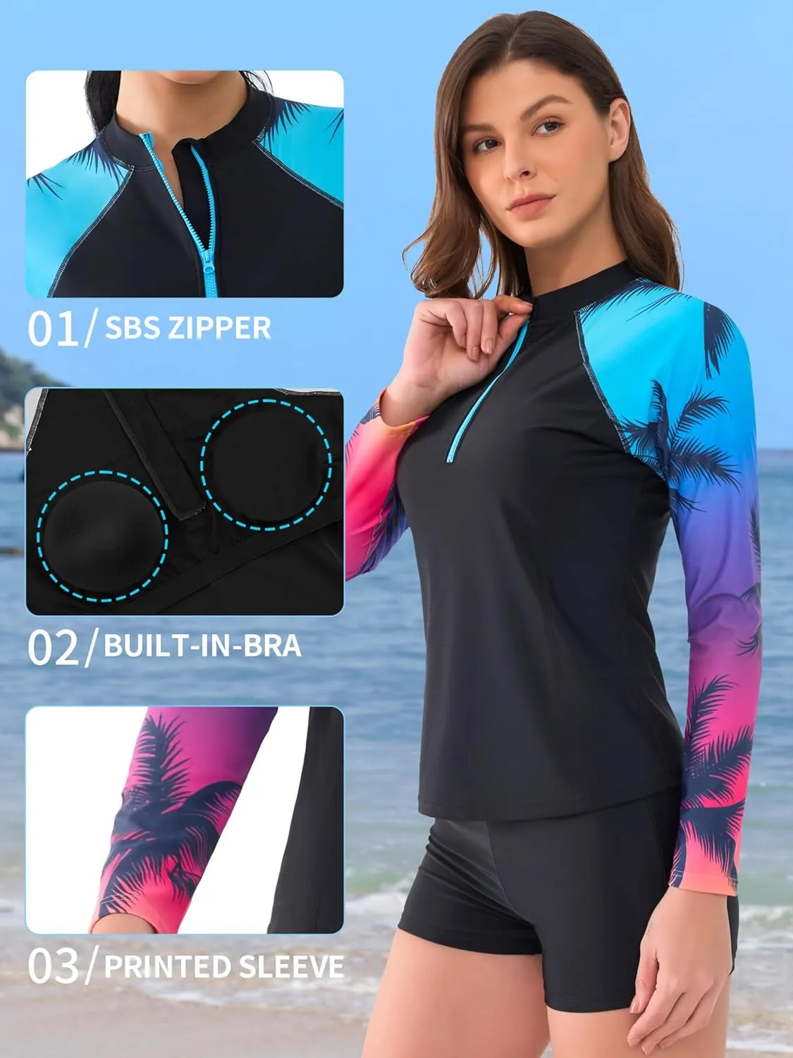 ATTRACO Women's Two Piece Rash Guard UPF 50  Long Sleeve Bathing Suit Built-in Bra Zipper Front Swim Shirts