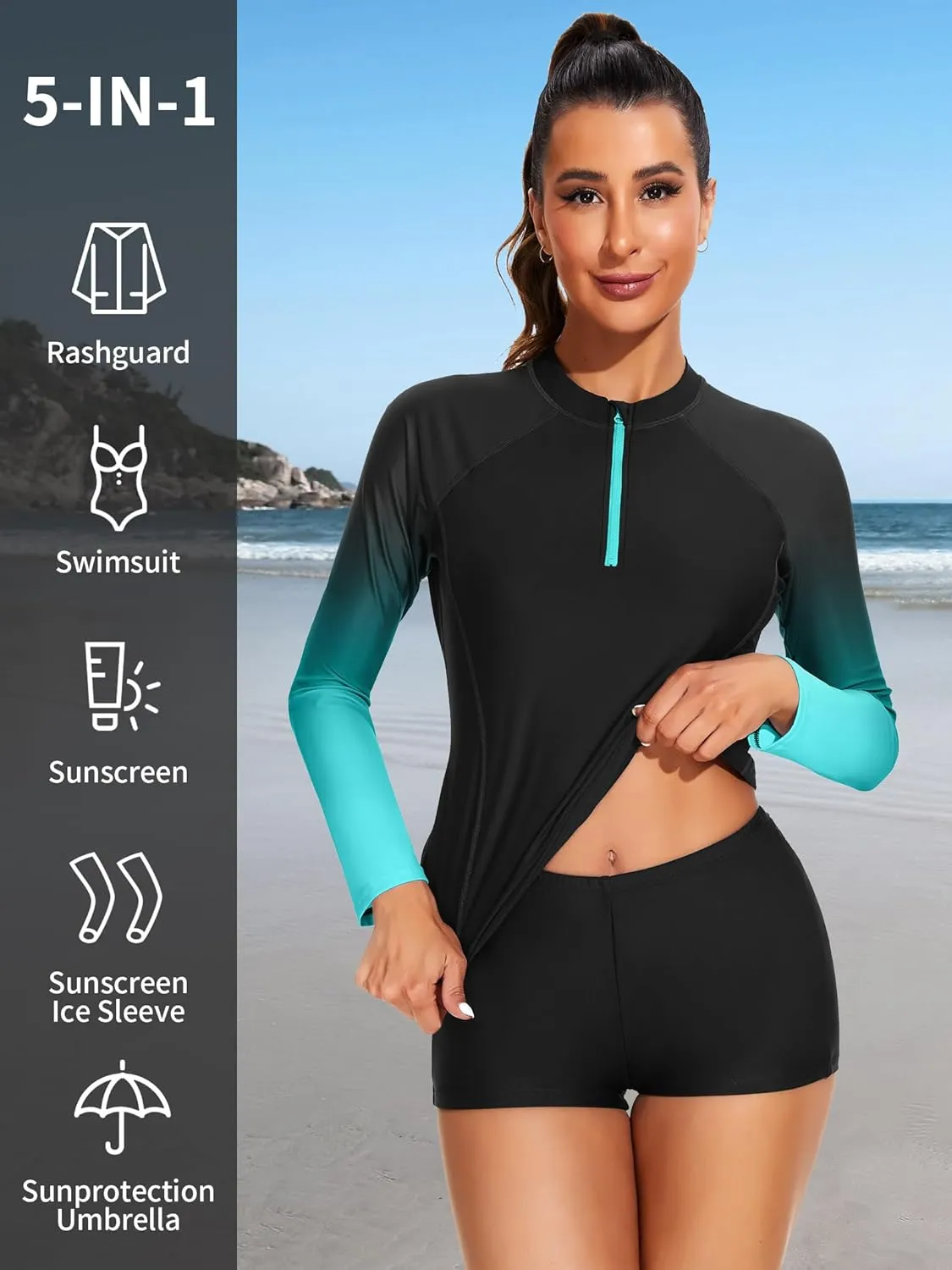 ATTRACO Women's Two Piece Rash Guard UPF 50  Long Sleeve Bathing Suit Built-in Bra Zipper Front Swim Shirts