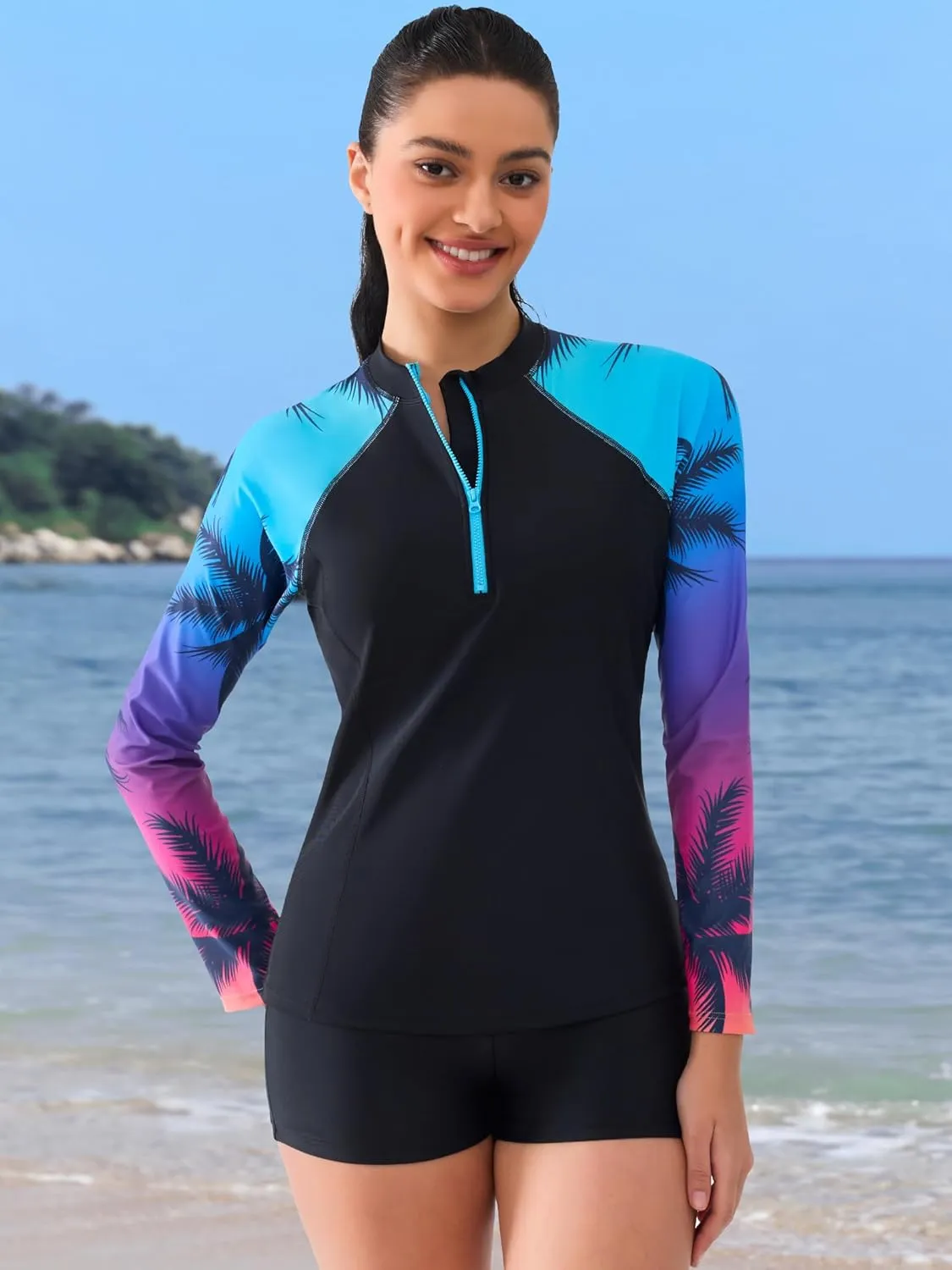 ATTRACO Women's Two Piece Rash Guard UPF 50  Long Sleeve Bathing Suit Built-in Bra Zipper Front Swim Shirts
