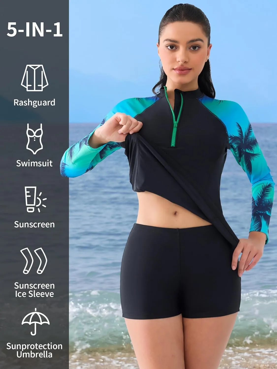 ATTRACO Women's Two Piece Rash Guard UPF 50  Long Sleeve Bathing Suit Built-in Bra Zipper Front Swim Shirts