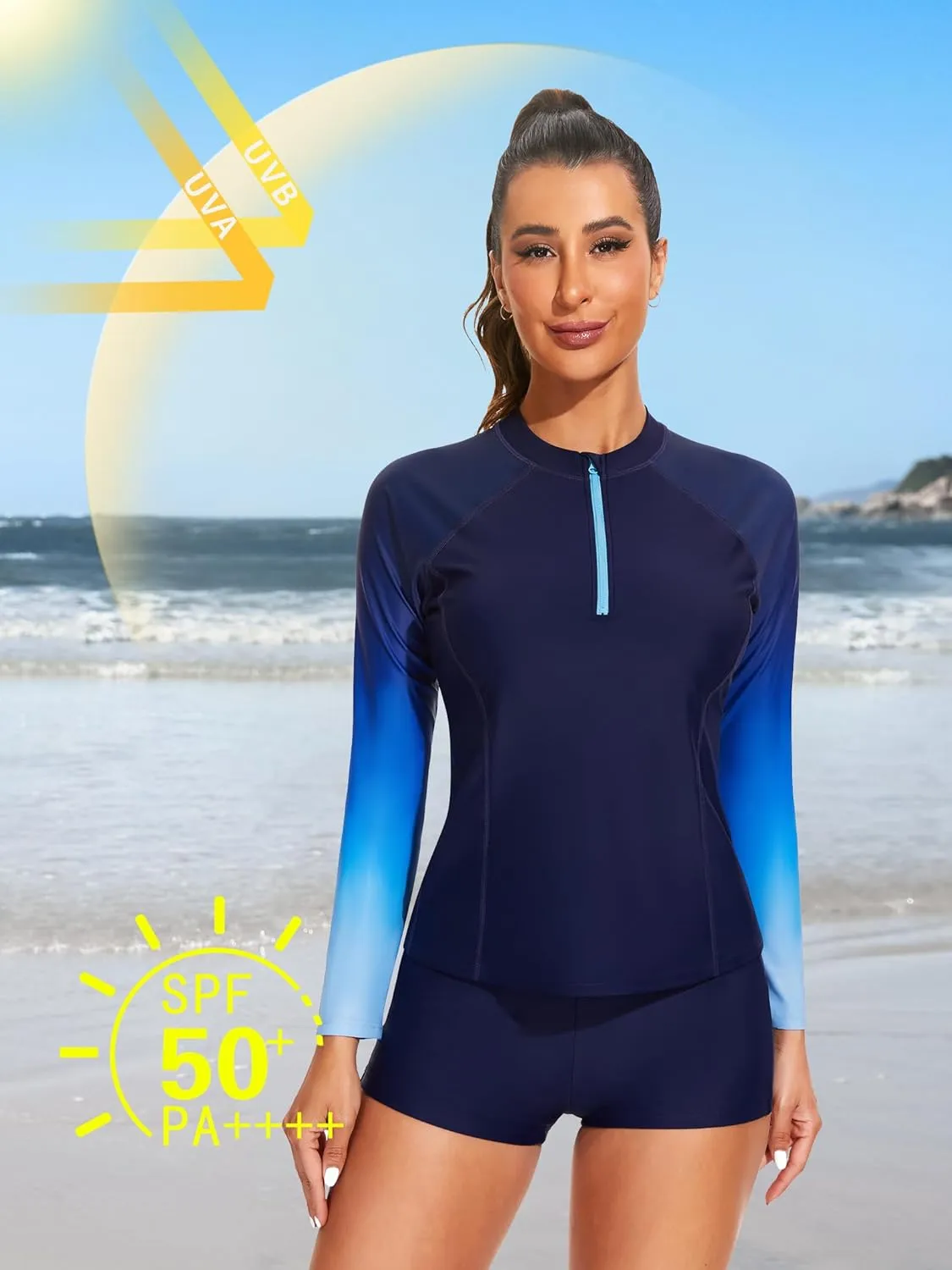 ATTRACO Women's Two Piece Rash Guard UPF 50  Long Sleeve Bathing Suit Built-in Bra Zipper Front Swim Shirts