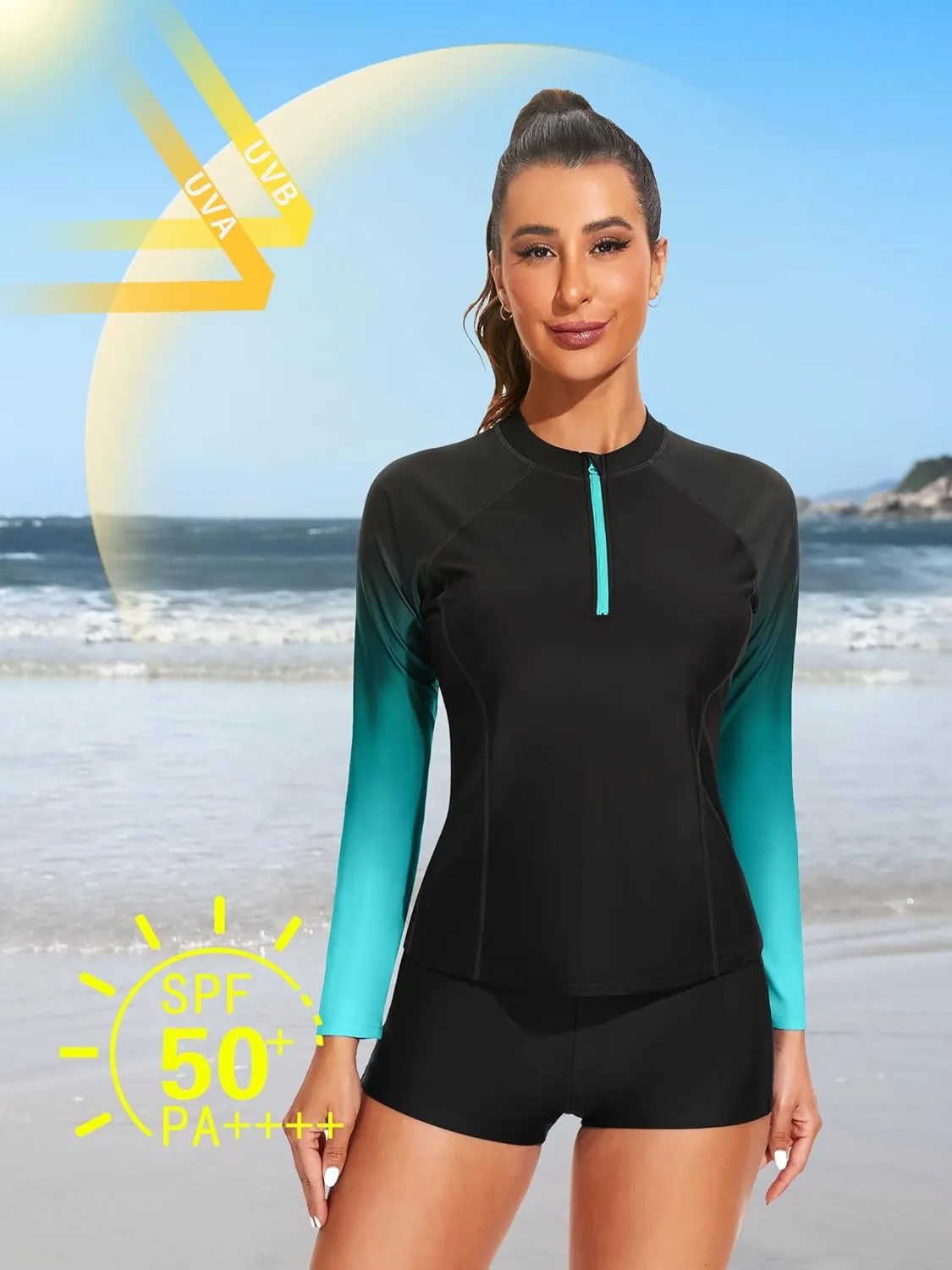 ATTRACO Women's Two Piece Rash Guard UPF 50  Long Sleeve Bathing Suit Built-in Bra Zipper Front Swim Shirts
