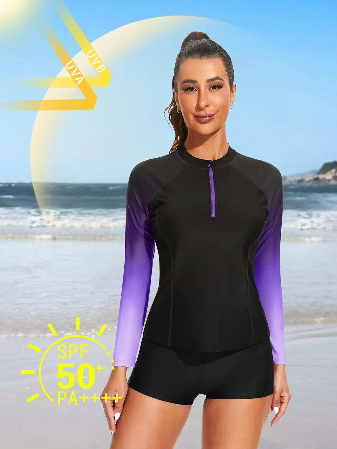 ATTRACO Women's Two Piece Rash Guard UPF 50  Long Sleeve Bathing Suit Built-in Bra Zipper Front Swim Shirts