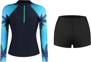 ATTRACO Women's Two Piece Rash Guard UPF 50  Long Sleeve Bathing Suit Built-in Bra Zipper Front Swim Shirts
