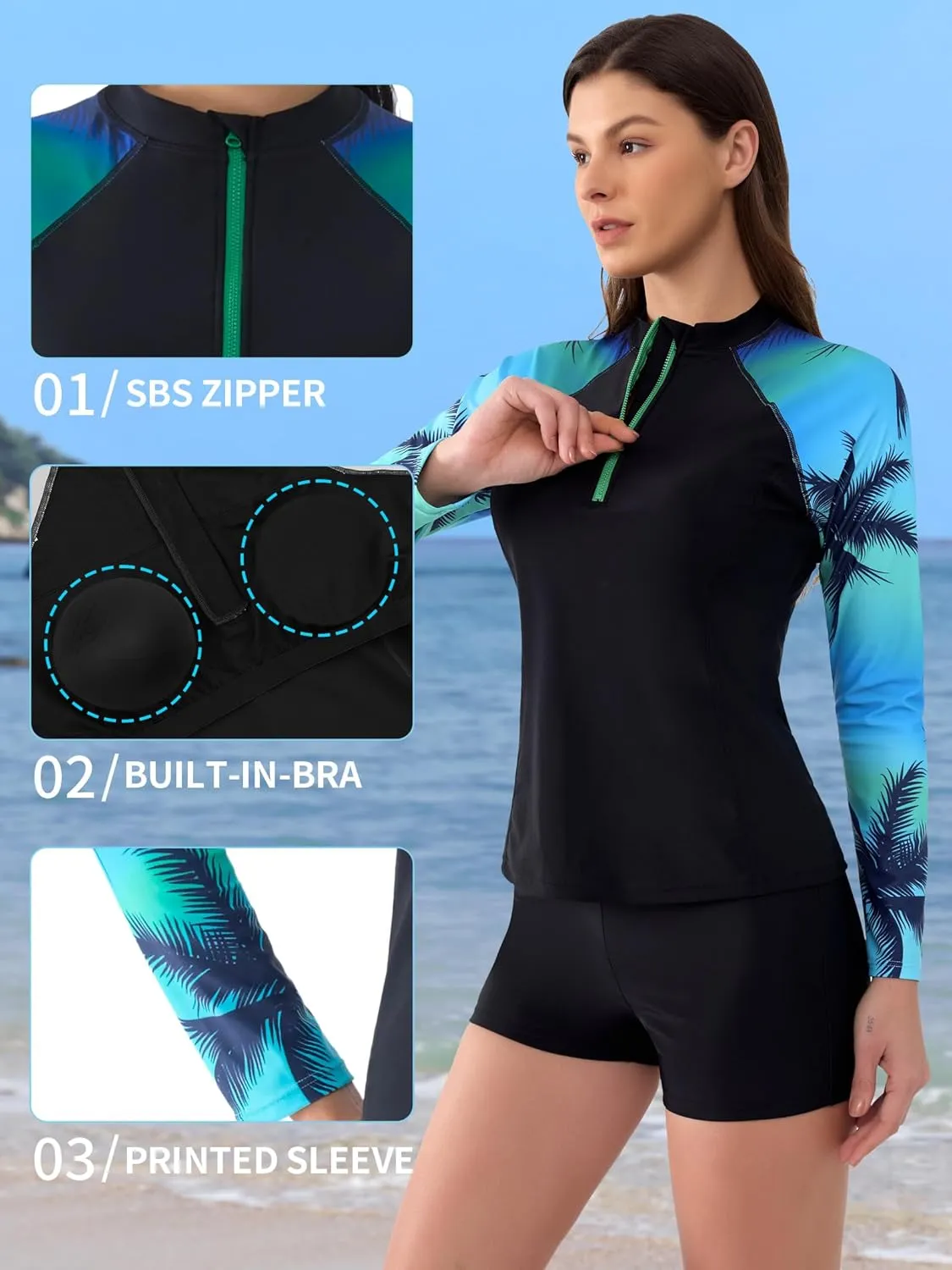 ATTRACO Women's Two Piece Rash Guard UPF 50  Long Sleeve Bathing Suit Built-in Bra Zipper Front Swim Shirts