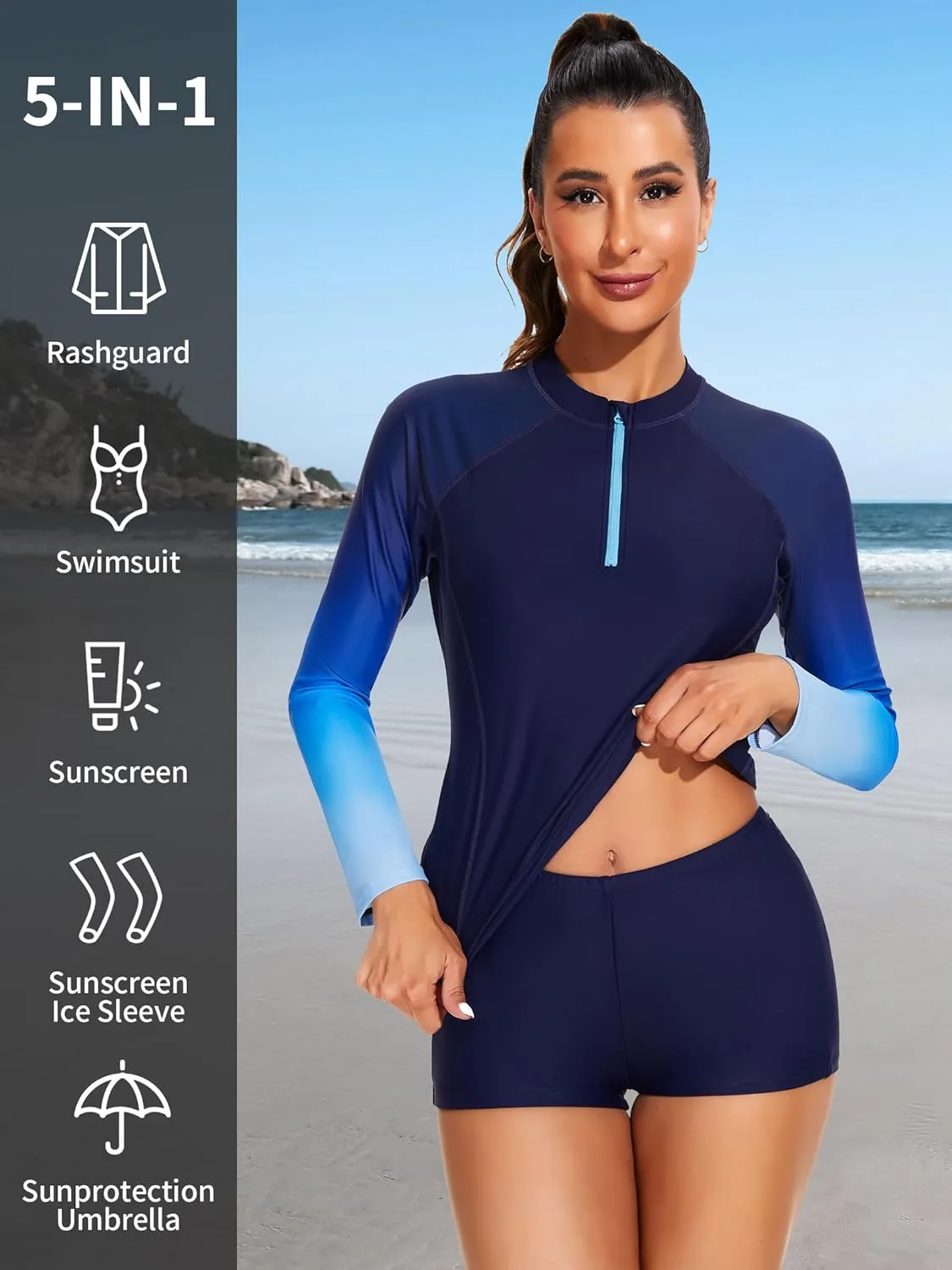 ATTRACO Women's Two Piece Rash Guard UPF 50  Long Sleeve Bathing Suit Built-in Bra Zipper Front Swim Shirts