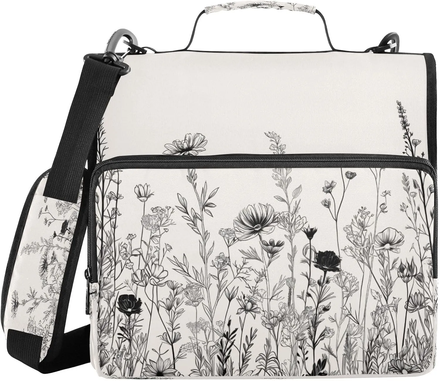 ATTX Black and White Flowers Zipper Binder with Adjustable Padded Strap - 3 Ring 500 Sheet Capacity Binder Bag with Multi-Pocket Organizer, Fits 12 Inch Laptop#130