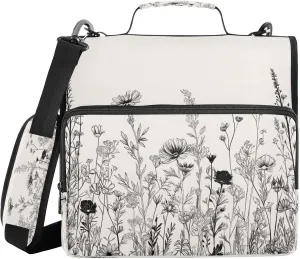 ATTX Black and White Flowers Zipper Binder with Adjustable Padded Strap - 3 Ring 500 Sheet Capacity Binder Bag with Multi-Pocket Organizer, Fits 12 Inch Laptop#130