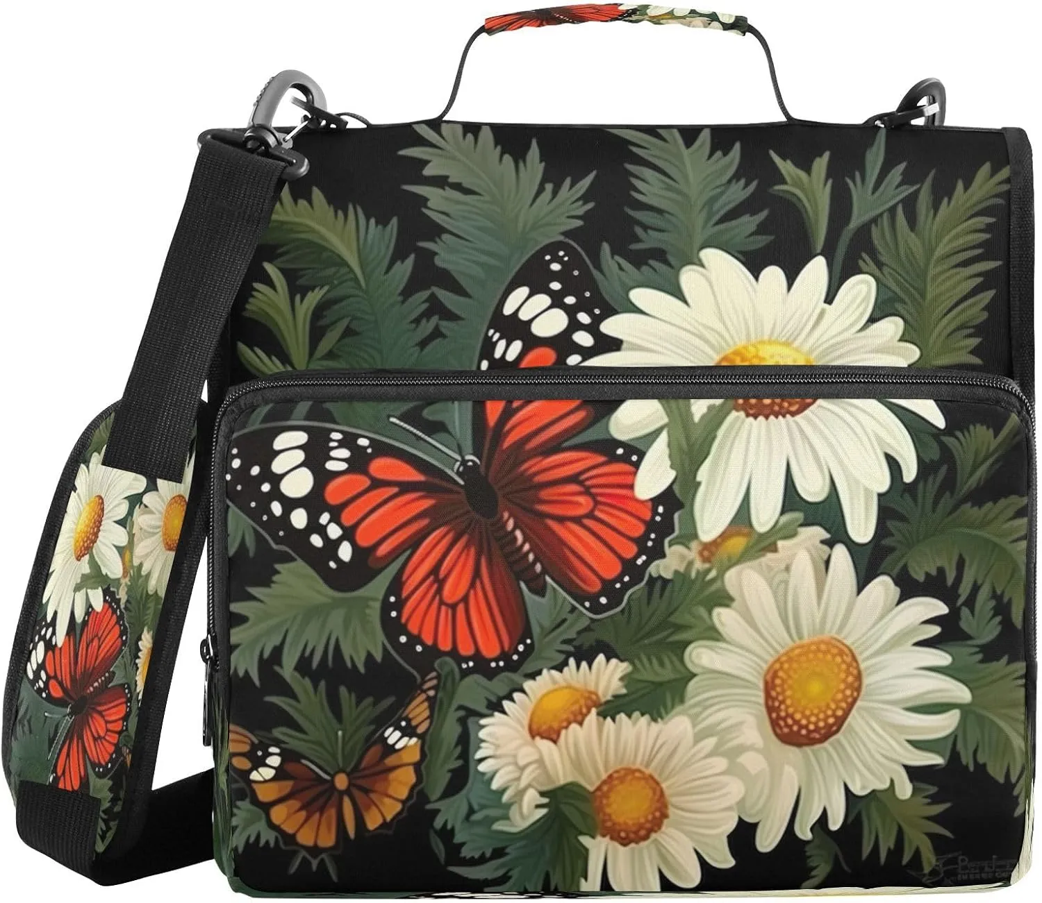 ATTX Butterfly and Flowers Zipper Binder with Adjustable Padded Strap - 3 Ring 500 Sheet Capacity Binder Bag with Multi-Pocket Organizer, Fits 12 Inch Laptop#417