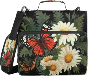 ATTX Butterfly and Flowers Zipper Binder with Adjustable Padded Strap - 3 Ring 500 Sheet Capacity Binder Bag with Multi-Pocket Organizer, Fits 12 Inch Laptop#417
