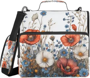 ATTX Elegant Wildflowers Zipper Binder with Adjustable Padded Strap - 3 Ring 500 Sheet Capacity Binder Bag with Multi-Pocket Organizer, Fits 12 Inch Laptop#54