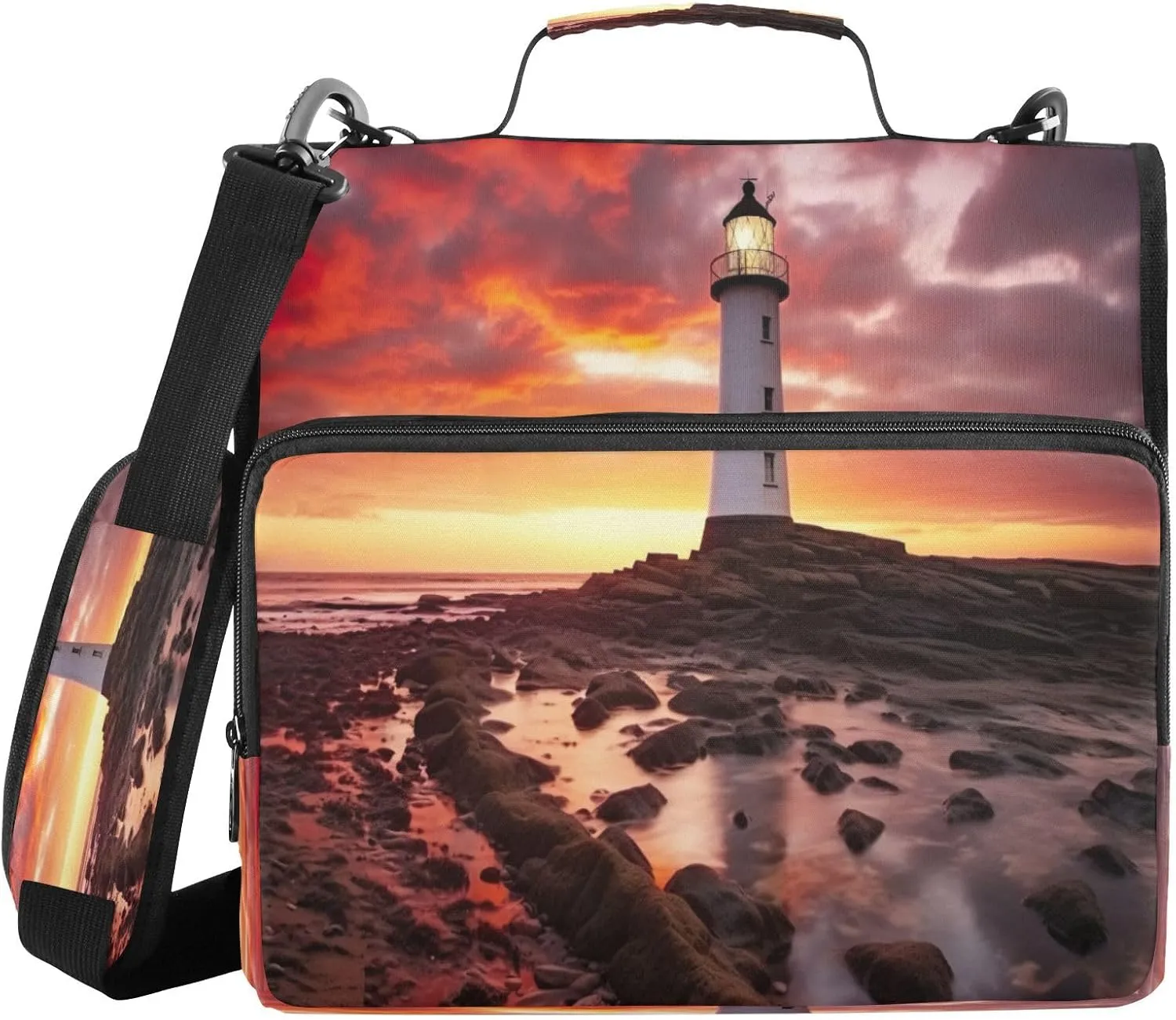 ATTX Sunset Lighthouse Zipper Binder with Adjustable Padded Strap - 3 Ring 500 Sheet Capacity Binder Bag with Multi-Pocket Organizer, Fits 12 Inch Laptop#370