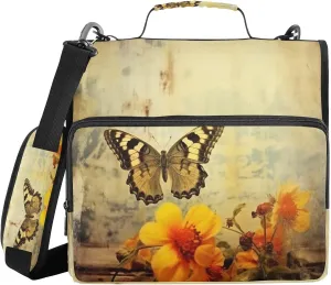 ATTX Vintage Butterfly Zipper Binder with Adjustable Padded Strap - 3 Ring 500 Sheet Capacity Binder Bag with Multi-Pocket Organizer, Fits 12 Inch Laptop#467
