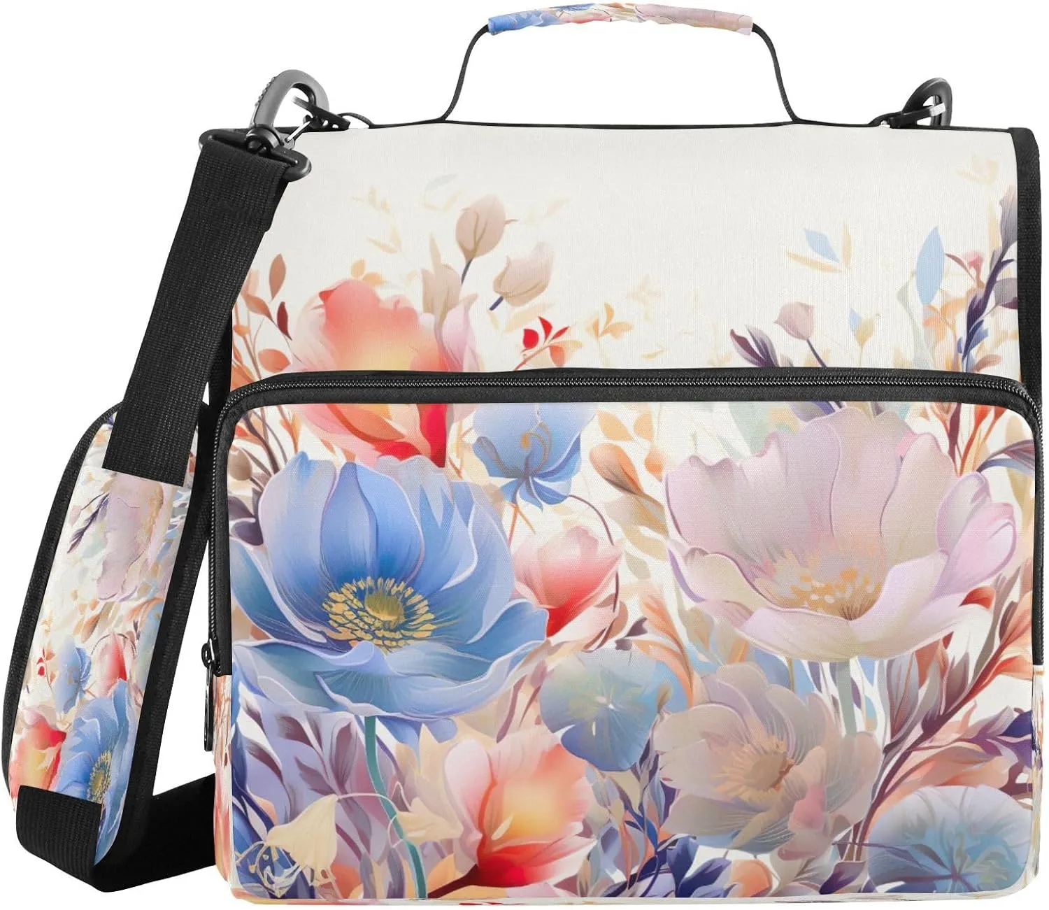 ATTX Watercolor Flowers Zipper Binder with Adjustable Padded Strap - 3 Ring 500 Sheet Capacity Binder Bag with Multi-Pocket Organizer, Fits 12 Inch Laptop#25