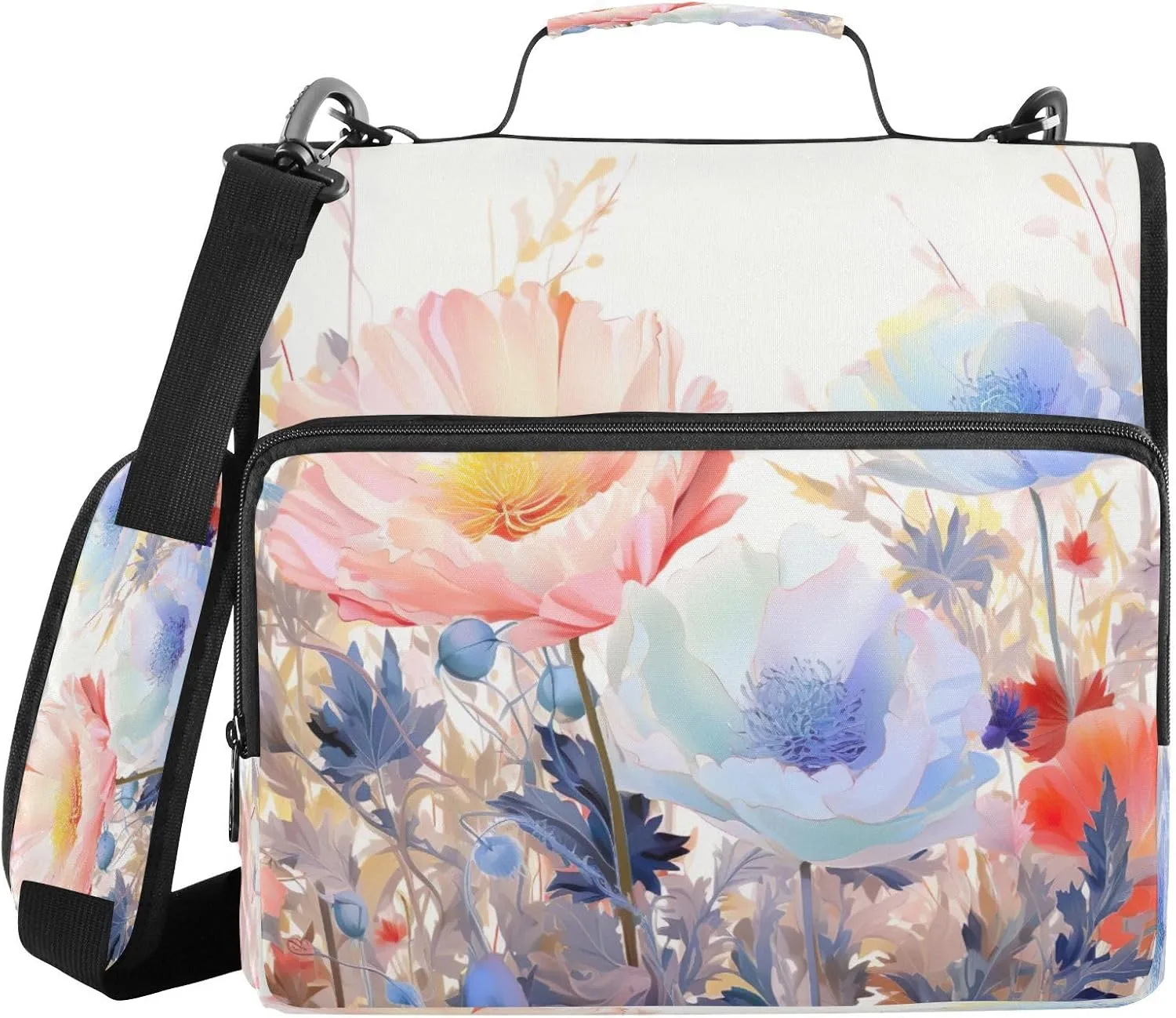 ATTX Watercolor Flowers Zipper Binder with Adjustable Padded Strap - 3 Ring 500 Sheet Capacity Binder Bag with Multi-Pocket Organizer, Fits 12 Inch Laptop#27