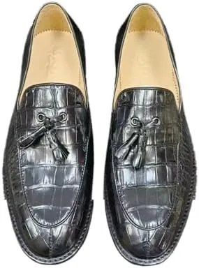 Authentic Real Crocodile Skin Soft Outsole Men's Black Tassel Shoes Genuine Exotic Alligator Leather Male Slip-on Dress Loafers