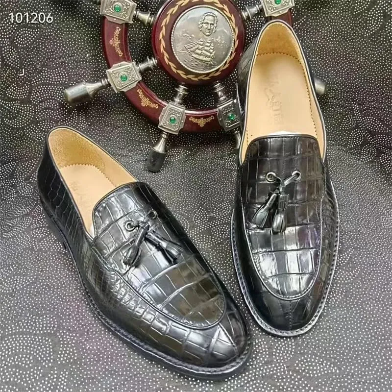 Authentic Real Crocodile Skin Soft Outsole Men's Black Tassel Shoes Genuine Exotic Alligator Leather Male Slip-on Dress Loafers