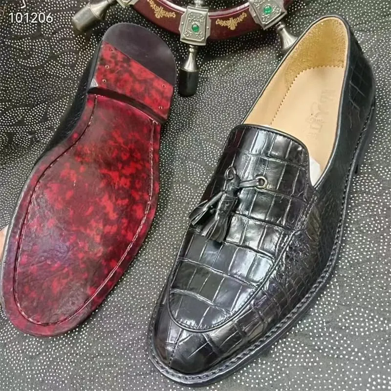 Authentic Real Crocodile Skin Soft Outsole Men's Black Tassel Shoes Genuine Exotic Alligator Leather Male Slip-on Dress Loafers