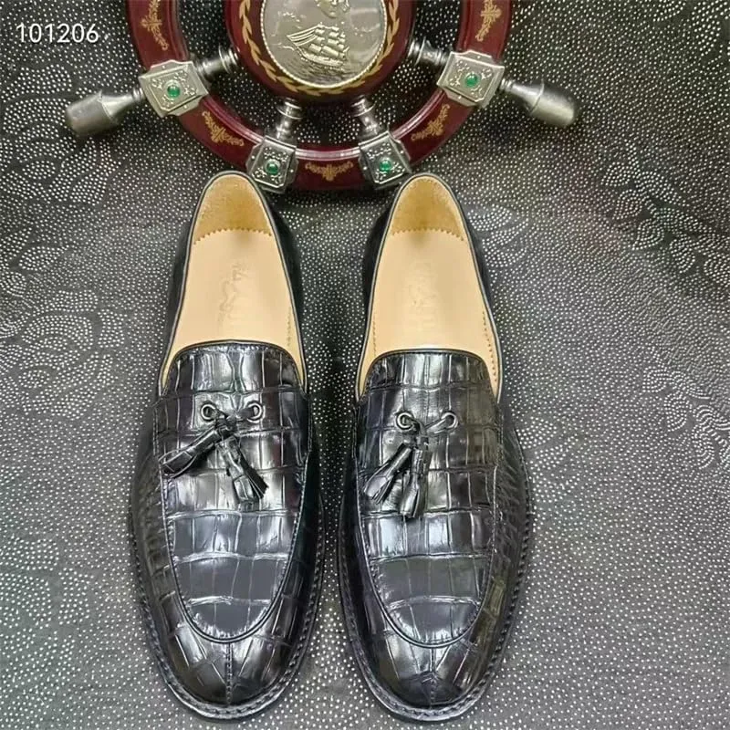 Authentic Real Crocodile Skin Soft Outsole Men's Black Tassel Shoes Genuine Exotic Alligator Leather Male Slip-on Dress Loafers