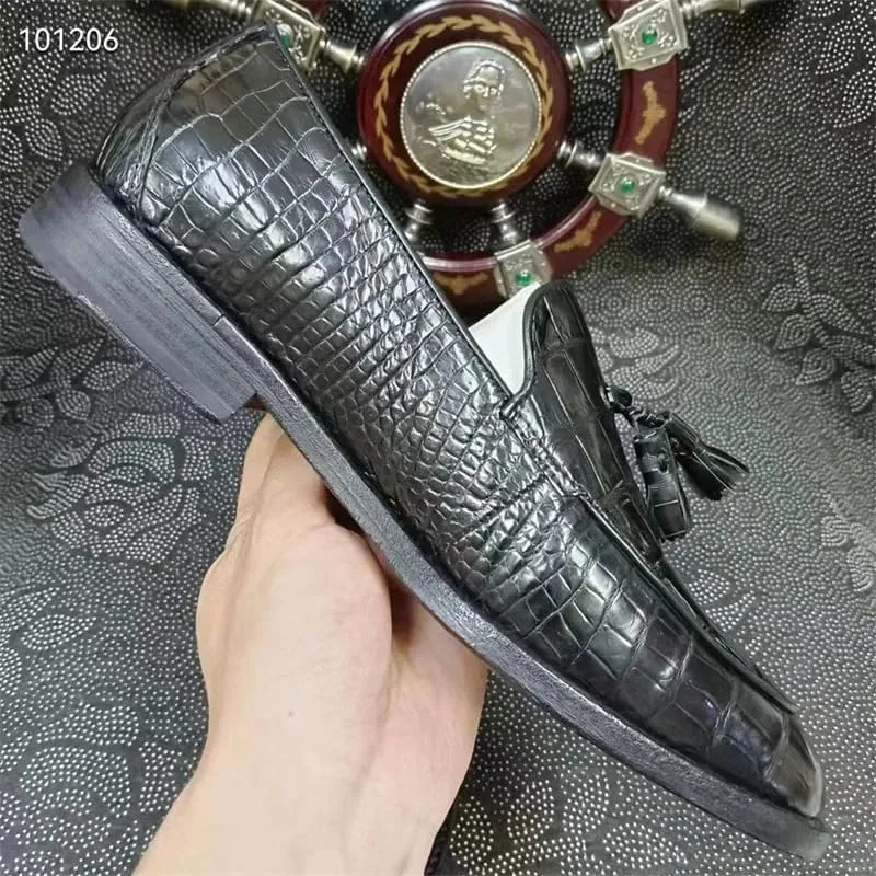 Authentic Real Crocodile Skin Soft Outsole Men's Black Tassel Shoes Genuine Exotic Alligator Leather Male Slip-on Dress Loafers
