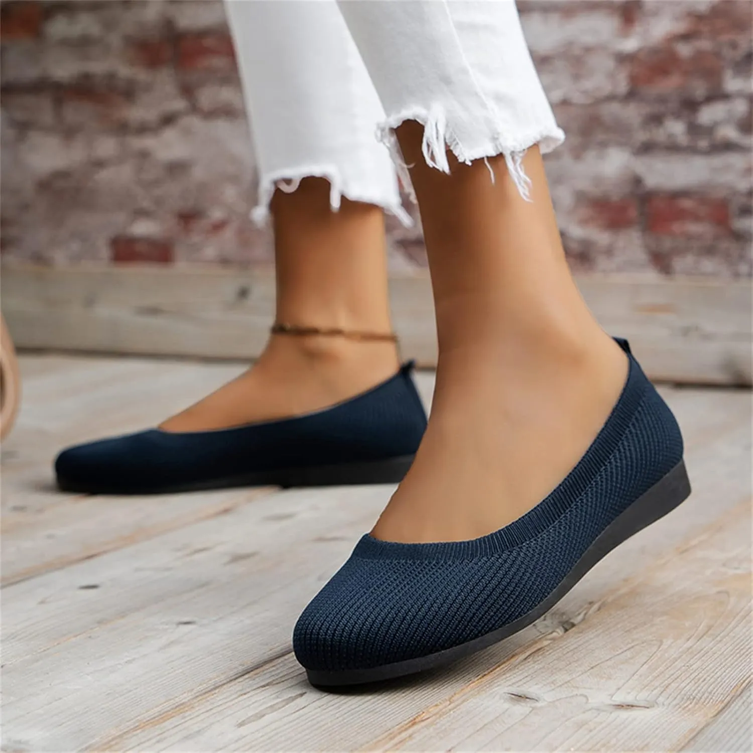 Ballet Flats for Women Knit Flats Shoes Comfortable Slip On Loafers Casual Work Shoes Round Toe Office Shoes