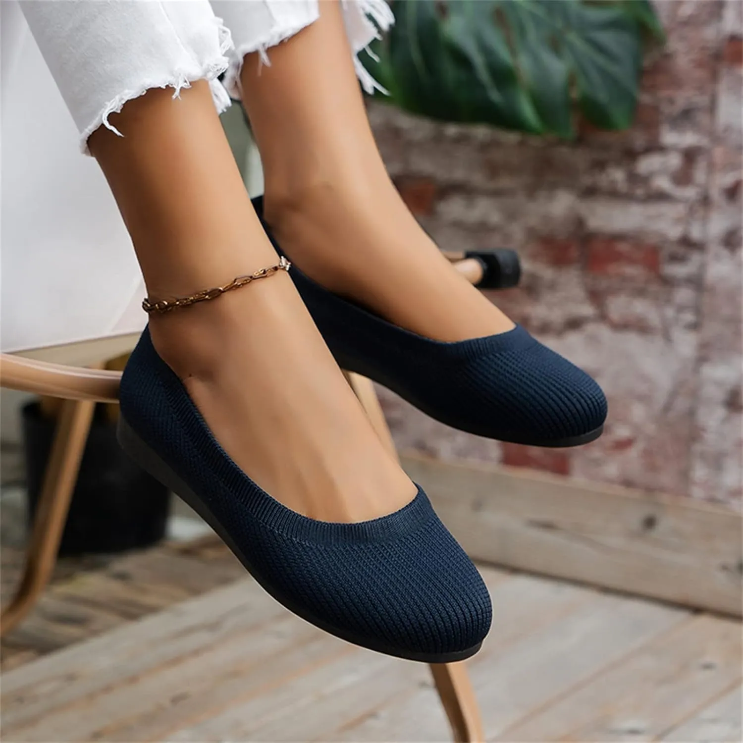 Ballet Flats for Women Knit Flats Shoes Comfortable Slip On Loafers Casual Work Shoes Round Toe Office Shoes