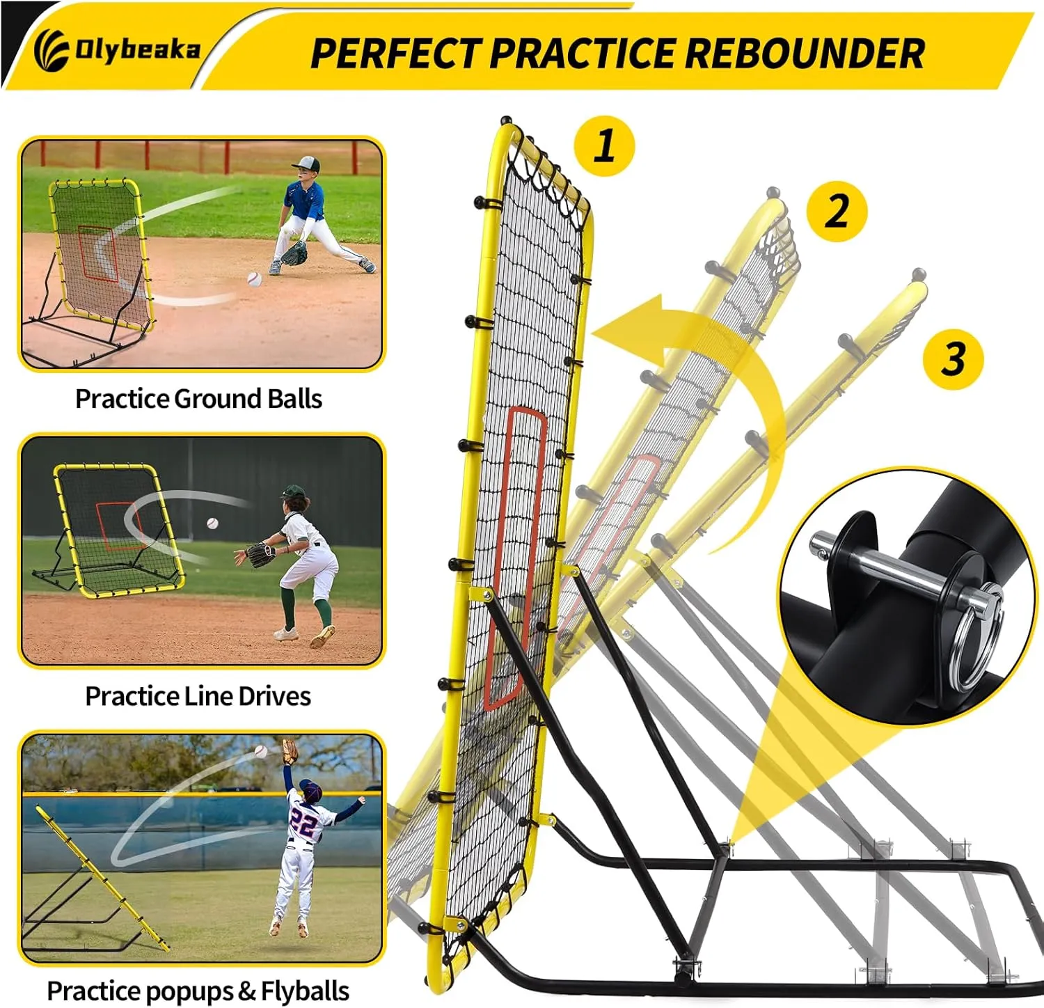 Baseball Rebounder Net, 48" x 52" Baseball & Softball Rebound Net with 3 Adjustable Angles - Pitch Back Rebound Net - Bounce Back Return Net - Fielding Trainer with Carry Bag