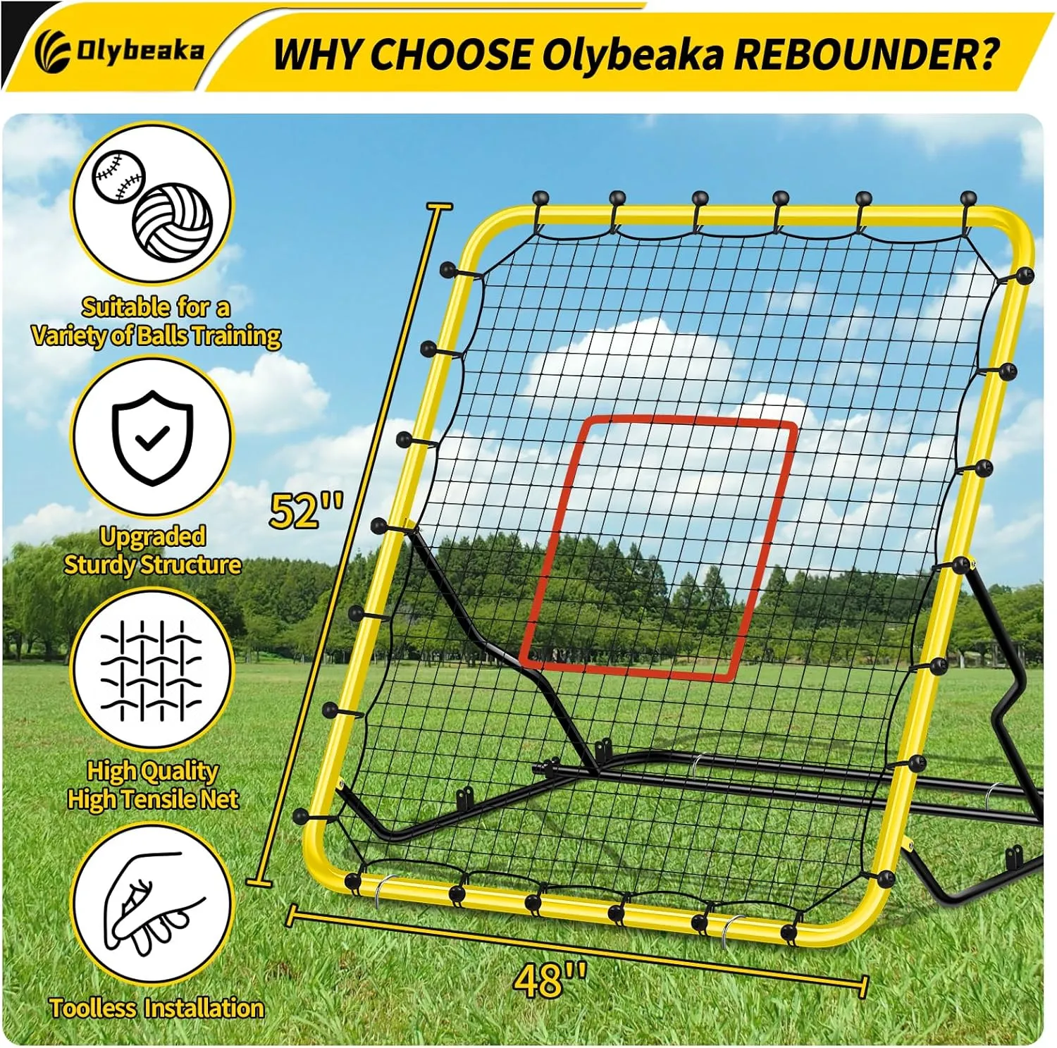 Baseball Rebounder Net, 48" x 52" Baseball & Softball Rebound Net with 3 Adjustable Angles - Pitch Back Rebound Net - Bounce Back Return Net - Fielding Trainer with Carry Bag
