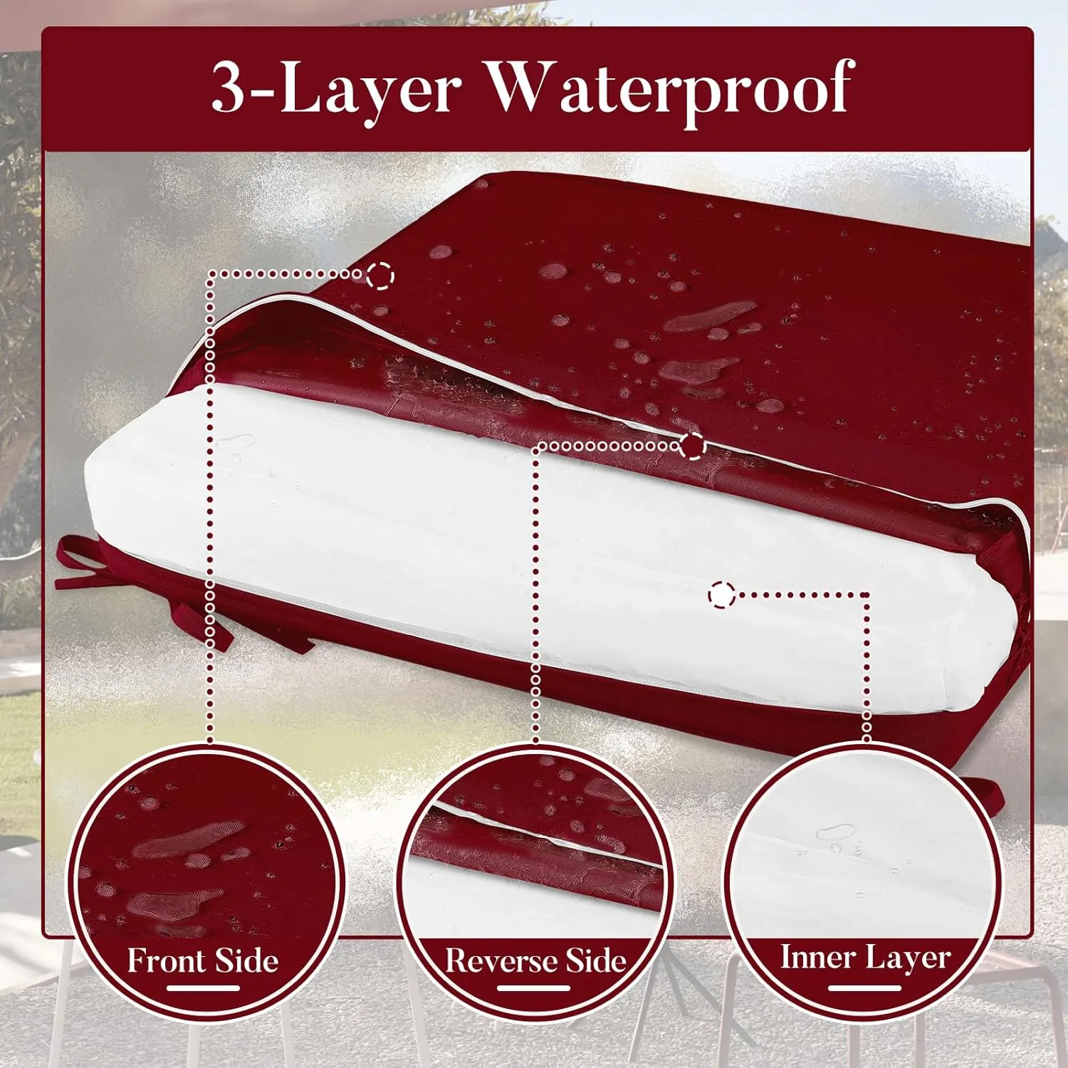 Basic Beyond Outdoor Chair Cushions for Patio Furniture, Waterproof Outdoor Seat Cushions Set of 4 18 x 18, Patio Chair Cushions Set of 4 with Ties and Handle, Burgundy