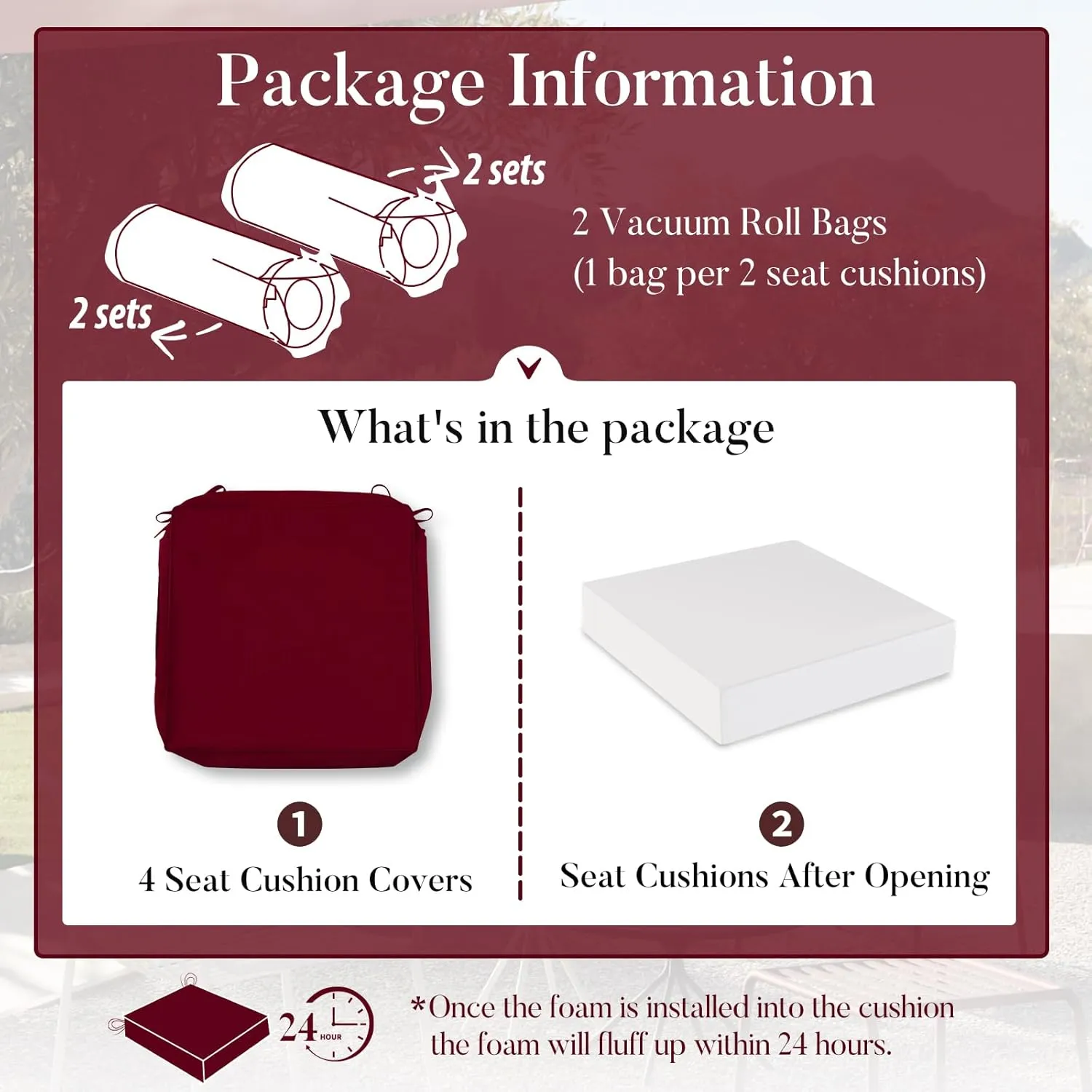 Basic Beyond Outdoor Chair Cushions for Patio Furniture, Waterproof Outdoor Seat Cushions Set of 4 18 x 18, Patio Chair Cushions Set of 4 with Ties and Handle, Burgundy