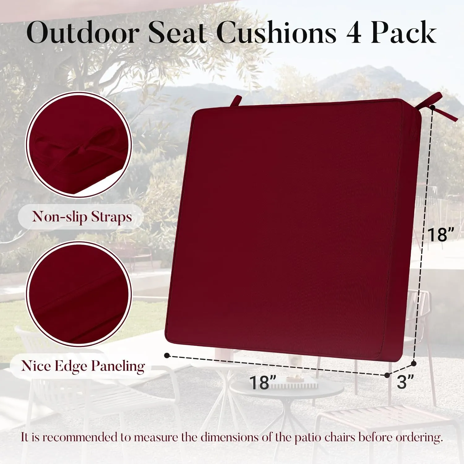 Basic Beyond Outdoor Chair Cushions for Patio Furniture, Waterproof Outdoor Seat Cushions Set of 4 18 x 18, Patio Chair Cushions Set of 4 with Ties and Handle, Burgundy