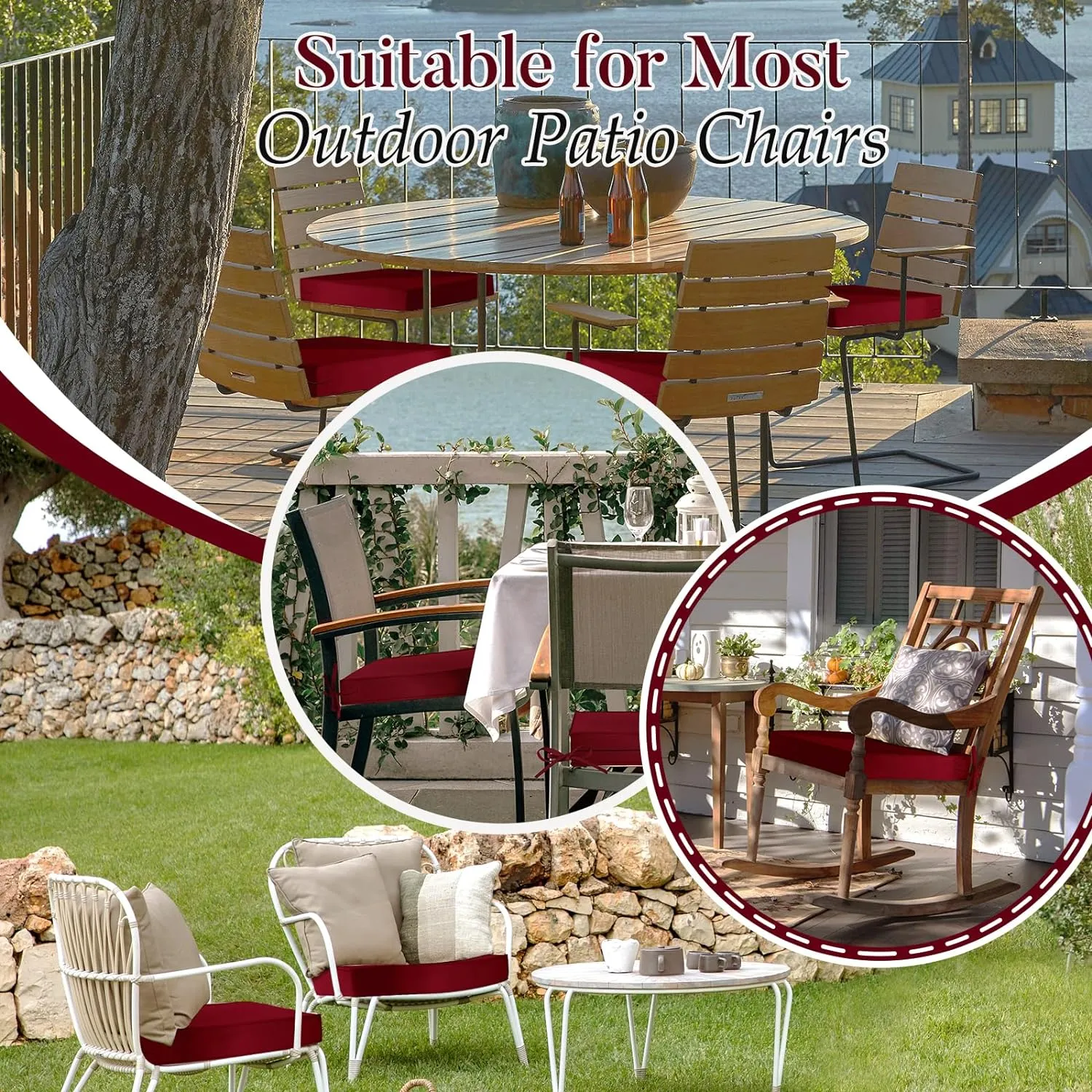 Basic Beyond Outdoor Chair Cushions for Patio Furniture, Waterproof Outdoor Seat Cushions Set of 4 18 x 18, Patio Chair Cushions Set of 4 with Ties and Handle, Burgundy
