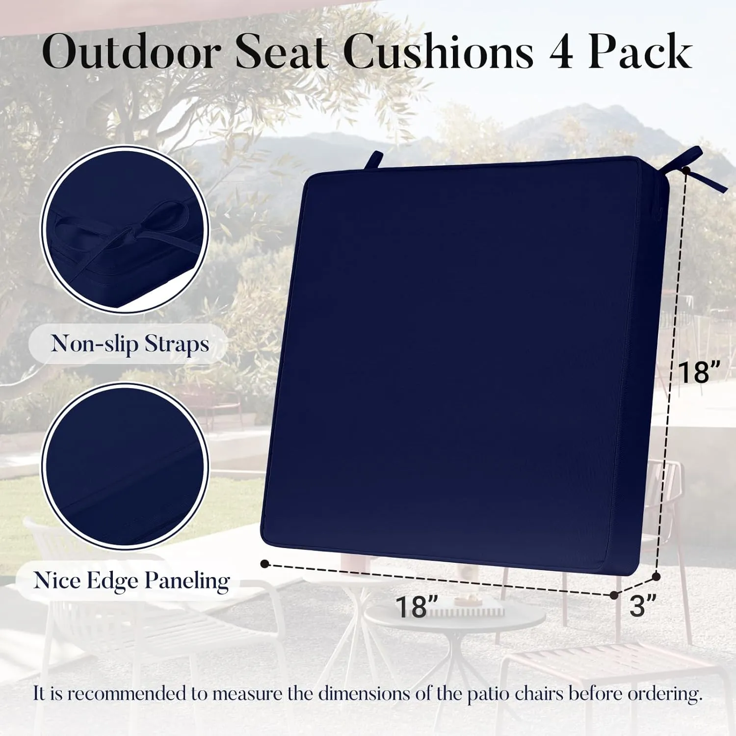 Basic Beyond Outdoor Chair Cushions for Patio Furniture, Waterproof Outdoor Seat Cushions Set of 4 18 x 18, Patio Chair Cushions Set of 4 with Ties and Handle, Navy