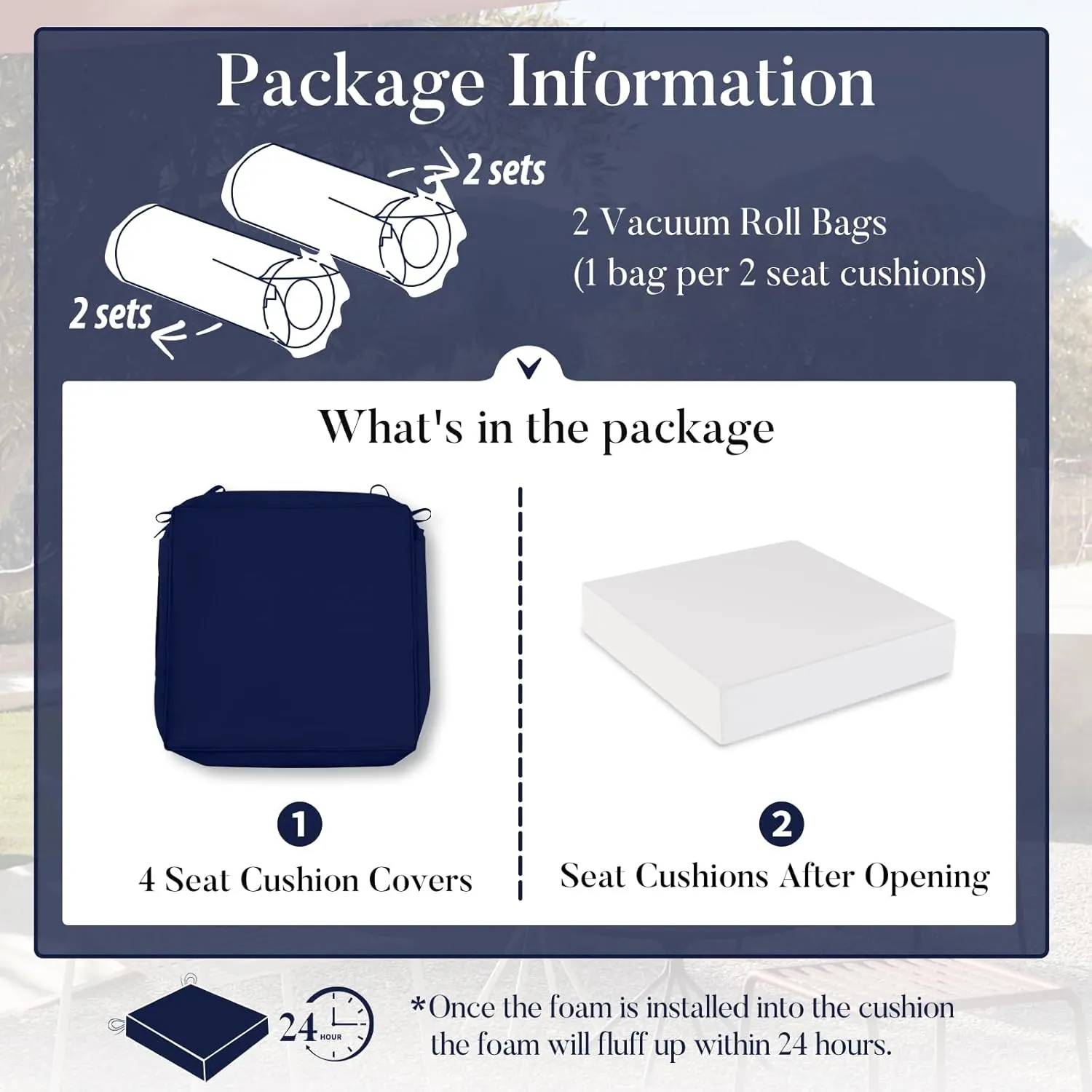 Basic Beyond Outdoor Chair Cushions for Patio Furniture, Waterproof Outdoor Seat Cushions Set of 4 18 x 18, Patio Chair Cushions Set of 4 with Ties and Handle, Navy