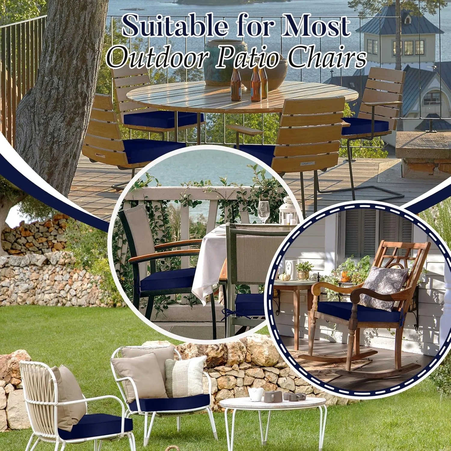 Basic Beyond Outdoor Chair Cushions for Patio Furniture, Waterproof Outdoor Seat Cushions Set of 4 18 x 18, Patio Chair Cushions Set of 4 with Ties and Handle, Navy