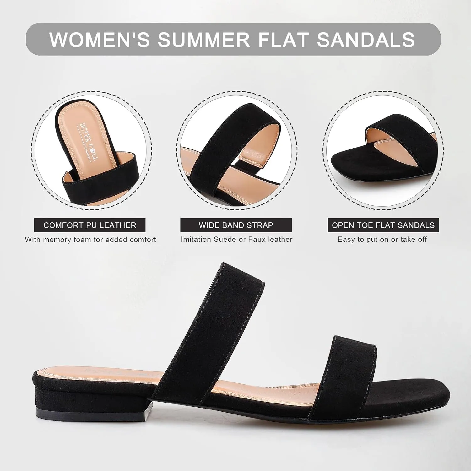 BCTEX COLL Women's Two Strap Low Block Heel Sandals Comfortable Open Toe Flat Sandals Dressy 1-Inch Heels for Women Black White Brown