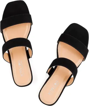 BCTEX COLL Women's Two Strap Low Block Heel Sandals Comfortable Open Toe Flat Sandals Dressy 1-Inch Heels for Women Black White Brown