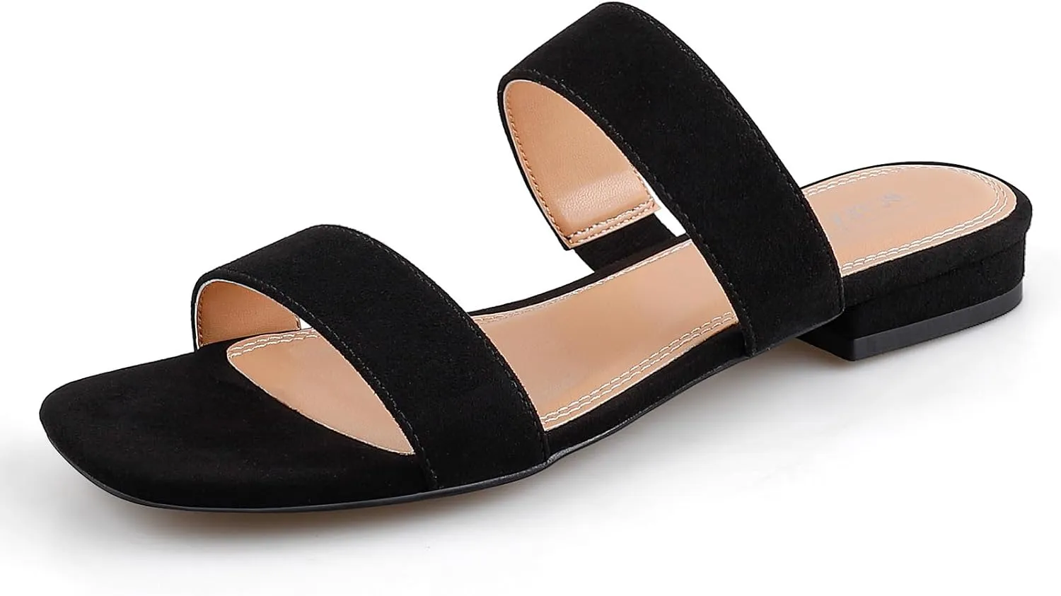 BCTEX COLL Women's Two Strap Low Block Heel Sandals Comfortable Open Toe Flat Sandals Dressy 1-Inch Heels for Women Black White Brown