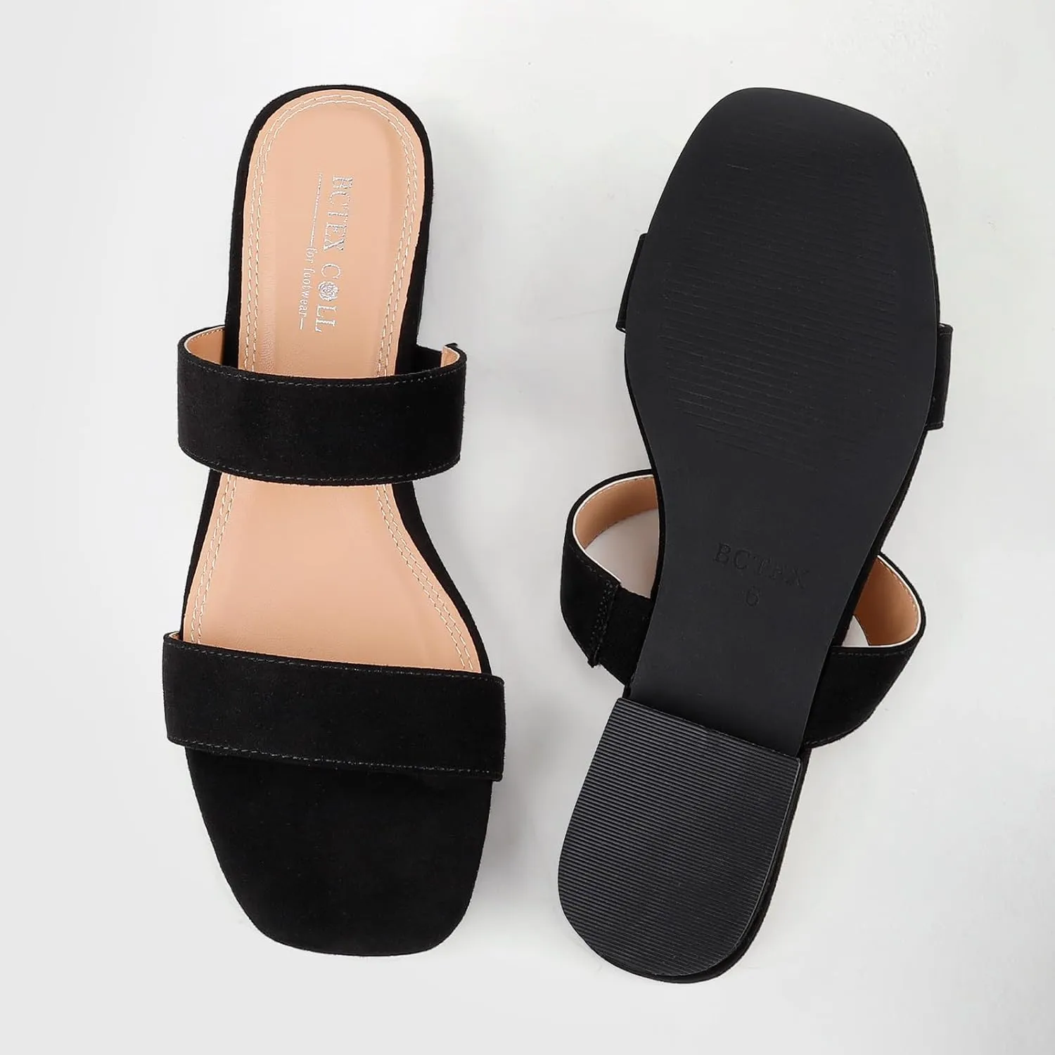 BCTEX COLL Women's Two Strap Low Block Heel Sandals Comfortable Open Toe Flat Sandals Dressy 1-Inch Heels for Women Black White Brown