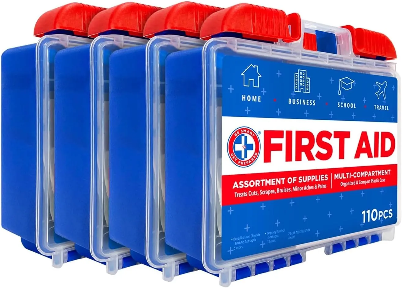 Be Smart Get Prepared 110 pc First Aid Kit (4 Pack): Clean, Treat, Protect Minor Cuts, Home, Office, Car, School, Business, Travel, Emergency, Outdoor, Camping & Sports, FSA/HSA (Packaging May Vary)