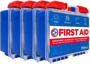 Be Smart Get Prepared 110 pc First Aid Kit (4 Pack): Clean, Treat, Protect Minor Cuts, Home, Office, Car, School, Business, Travel, Emergency, Outdoor, Camping & Sports, FSA/HSA (Packaging May Vary)