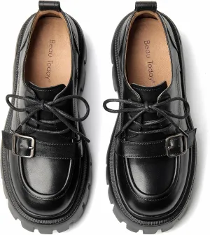 BEAU TODAY Platform Oxfords for Women, Oxford Shoes for Women, Chunky Leather Lace Up Oxford Shoes, Casual Comfort Business Work Office Dress Shoes