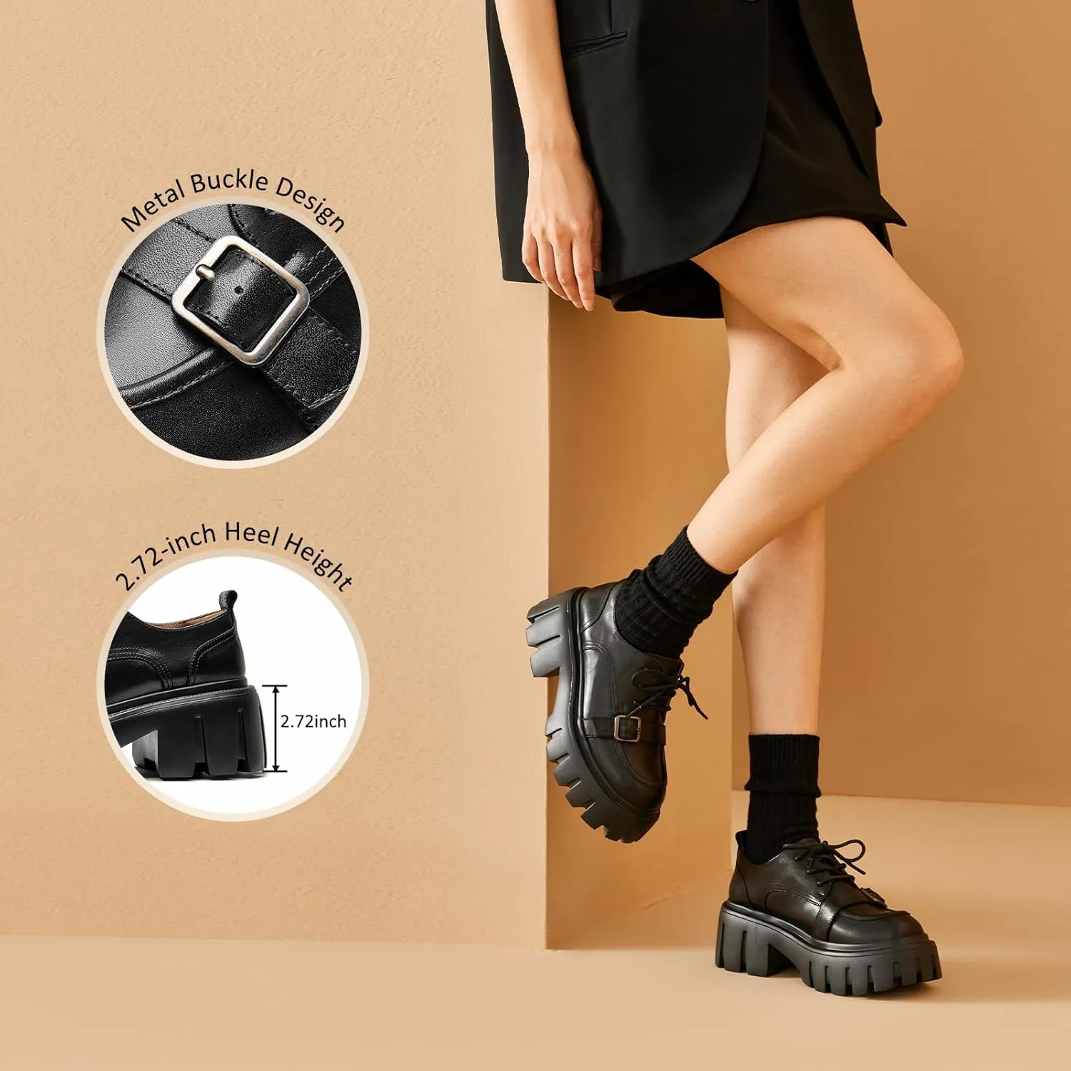 BEAU TODAY Platform Oxfords for Women, Oxford Shoes for Women, Chunky Leather Lace Up Oxford Shoes, Casual Comfort Business Work Office Dress Shoes