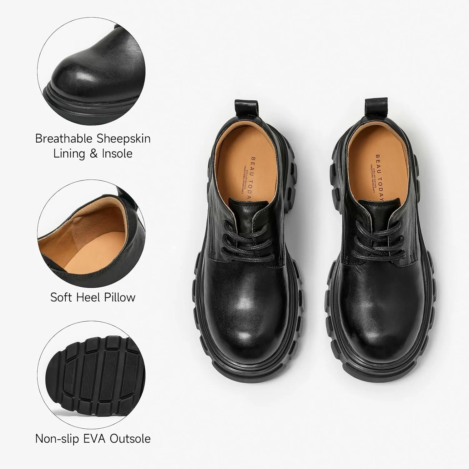 BEAU TODAY Platform Oxfords for Women, Oxford Shoes for Women,Chunky Cow Leather Lace up Dress Shoes,Fashion Casual Comfort Brethable Ladies Handmade Oxford Shoes