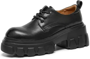 BEAU TODAY Platform Oxfords for Women, Oxford Shoes for Women,Chunky Cow Leather Lace up Dress Shoes,Fashion Casual Comfort Brethable Ladies Handmade Oxford Shoes