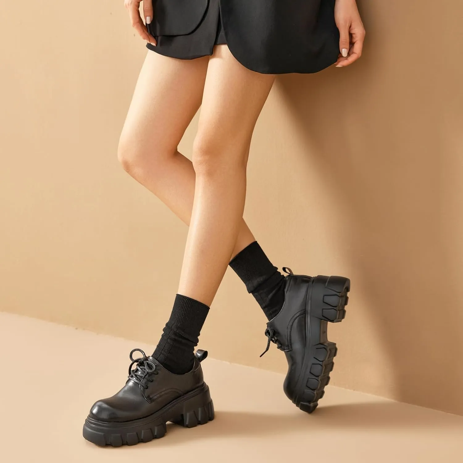 BEAU TODAY Platform Oxfords for Women, Oxford Shoes for Women,Chunky Cow Leather Lace up Dress Shoes,Fashion Casual Comfort Brethable Ladies Handmade Oxford Shoes