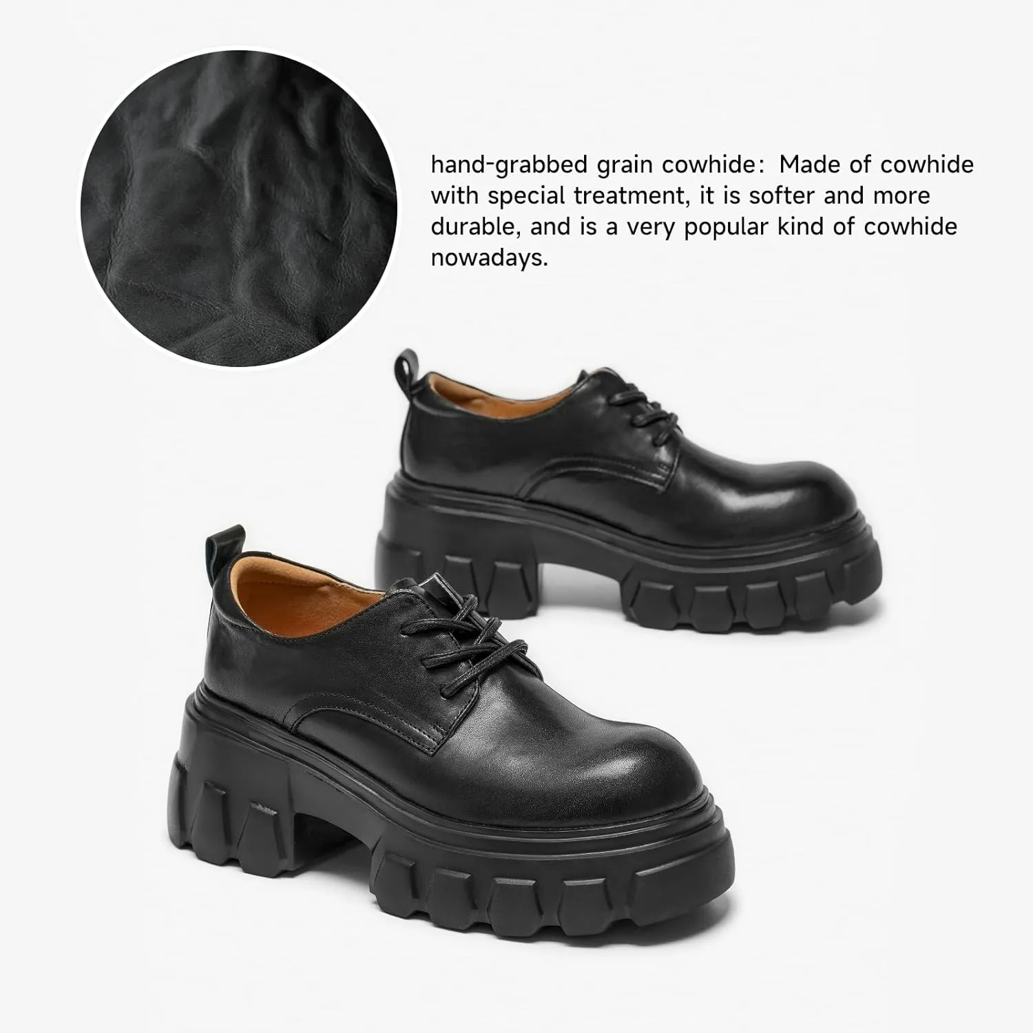 BEAU TODAY Platform Oxfords for Women, Oxford Shoes for Women,Chunky Cow Leather Lace up Dress Shoes,Fashion Casual Comfort Brethable Ladies Handmade Oxford Shoes